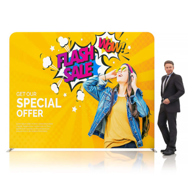Man in suit by a Flash Sale sign with a surprised woman in sunglasses.