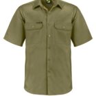 Olive green short-sleeve button-up shirt with two chest pockets. The shirt has button closures and a small tag above one pocket. The material appears to have a smooth texture.
