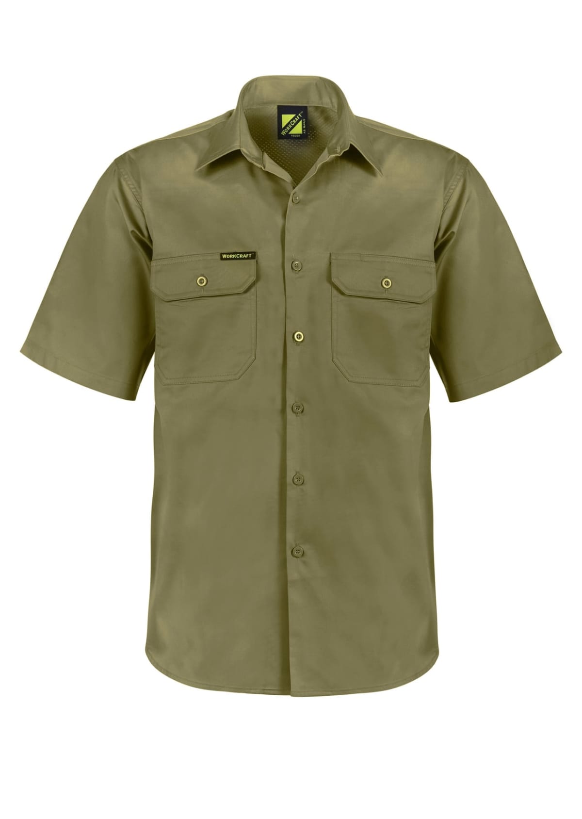 Olive green short-sleeve button-up shirt with two chest pockets. The shirt has button closures and a small tag above one pocket. The material appears to have a smooth texture.