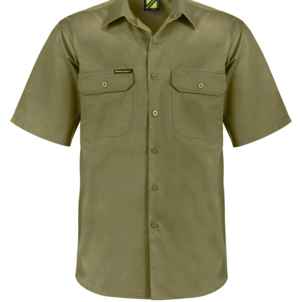 A short-sleeve, olive green button-up shirt with two chest pockets and beige buttons, displayed against a white background. The left pocket has a small black and white label.