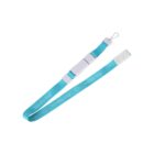 A turquoise lanyard with white print reading Unravelling Allergy. It has a white plastic clip and detachable buckle, as well as a lobster claw clasp at the end for attaching items.