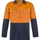 Orange and navy long-sleeve work shirt with buttoned front and pockets.