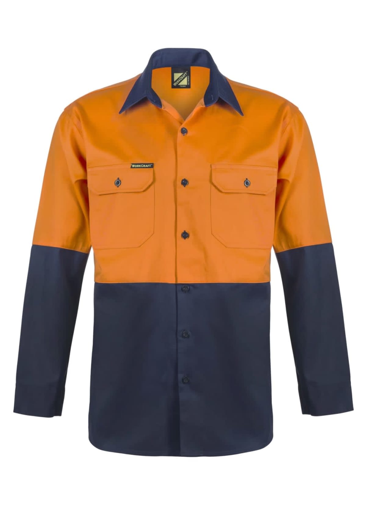 Orange and navy long-sleeve work shirt with buttoned front and pockets.