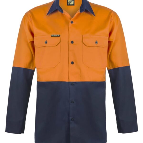 Two-tone work shirt with orange top and dark navy bottom.