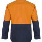 Orange and navy color-blocked long-sleeve shirt, viewed from the back.