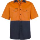 Orange and navy short-sleeve work shirt, featuring a button-up front and two chest pockets with button closures. There is a small black label on one pocket.