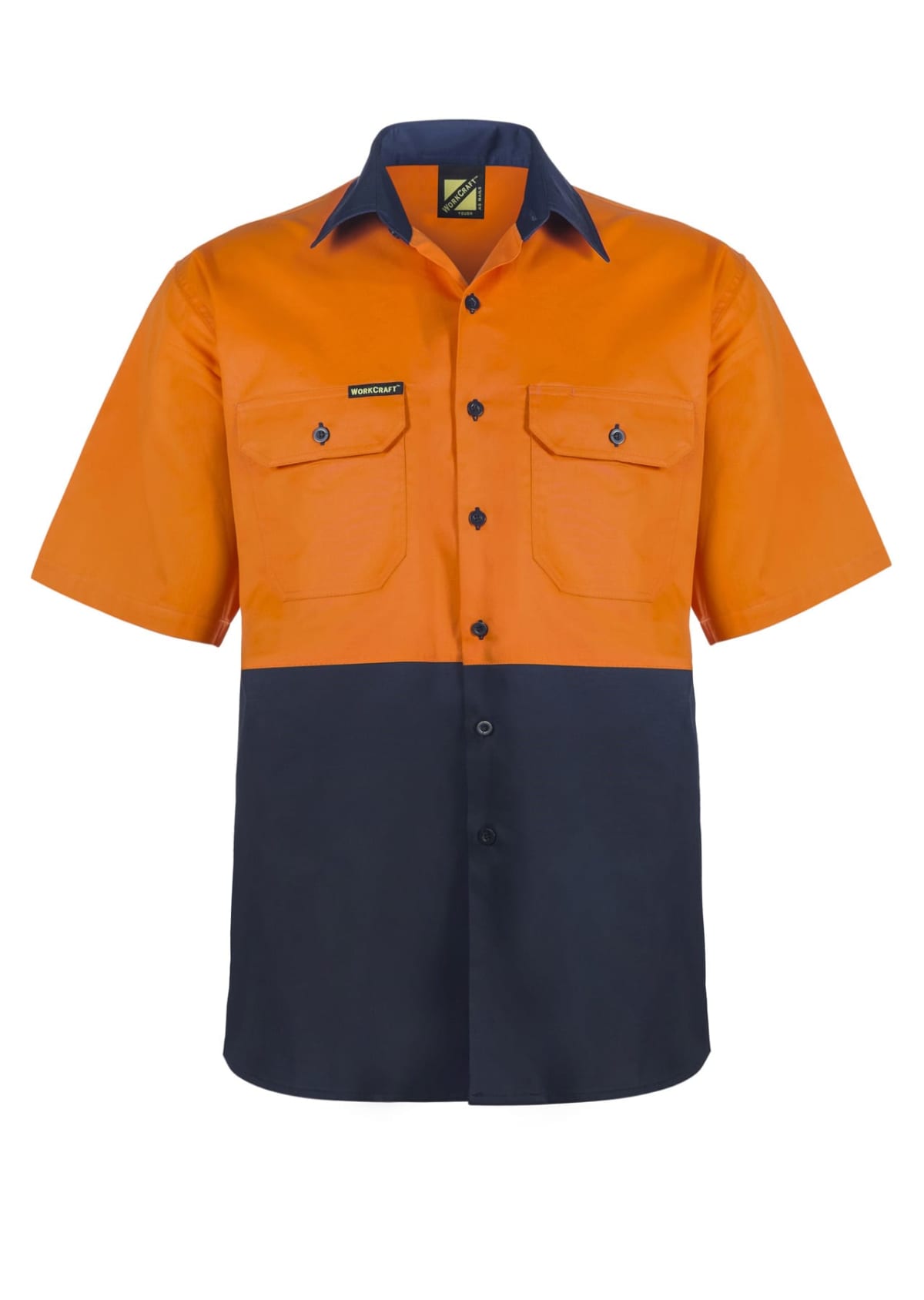 Orange and navy short-sleeve work shirt, featuring a button-up front and two chest pockets with button closures. There is a small black label on one pocket.