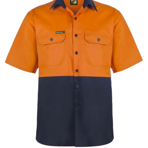 Orange and navy blue short-sleeve work shirt with a button-up front. The shirt features two chest pockets with flaps. The upper section and sleeves are orange, while the lower section is navy blue.