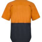 Short-sleeved shirt with a two-tone design; the upper half is orange, and the lower half is black. The shirt is shown from the back.