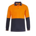 Orange and navy long-sleeve polo shirt with a pocket on the chest.
