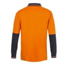 Orange long-sleeve shirt with dark sleeves and collar, viewed from the back.