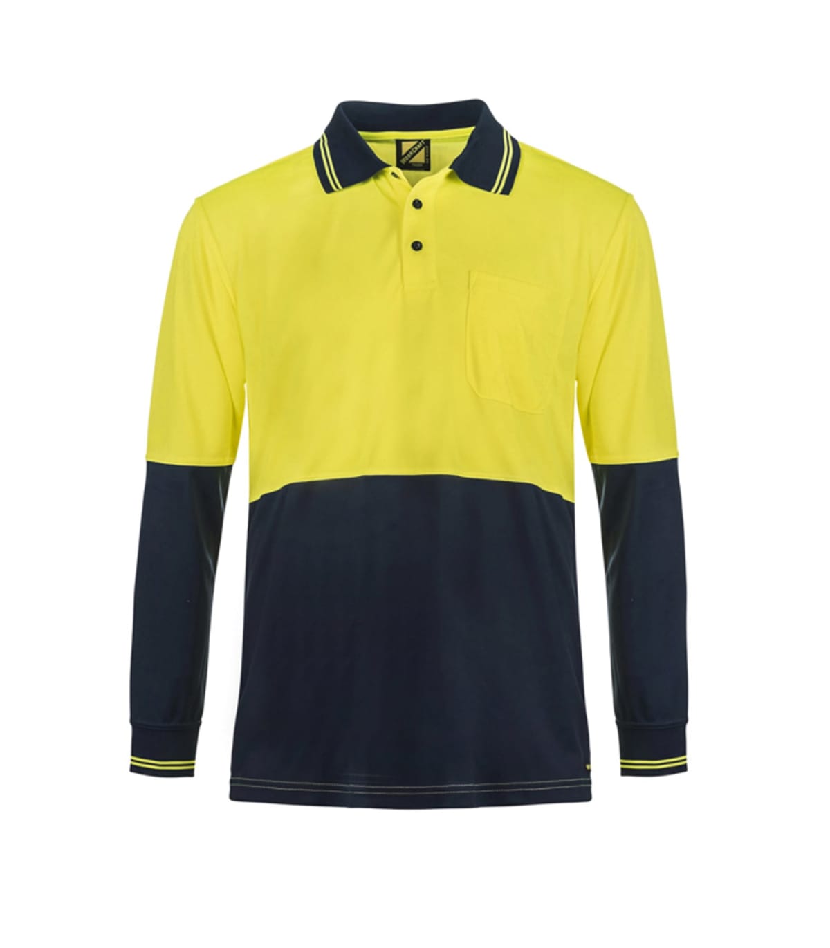 Yellow and black long-sleeve polo shirt with a pocket and collar detail.
