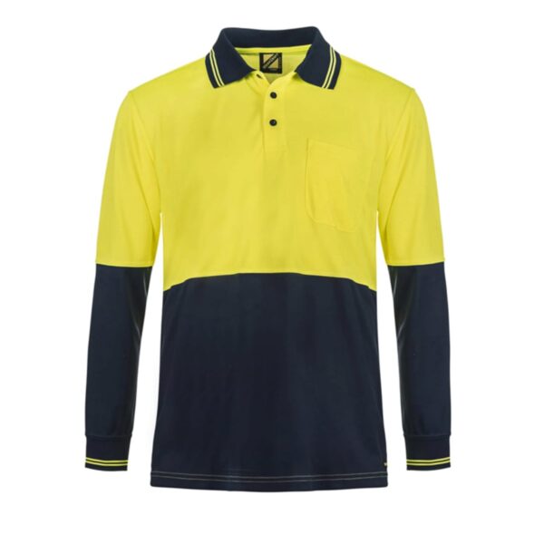 Yellow and black long-sleeve polo shirt with a front pocket on a white background.
