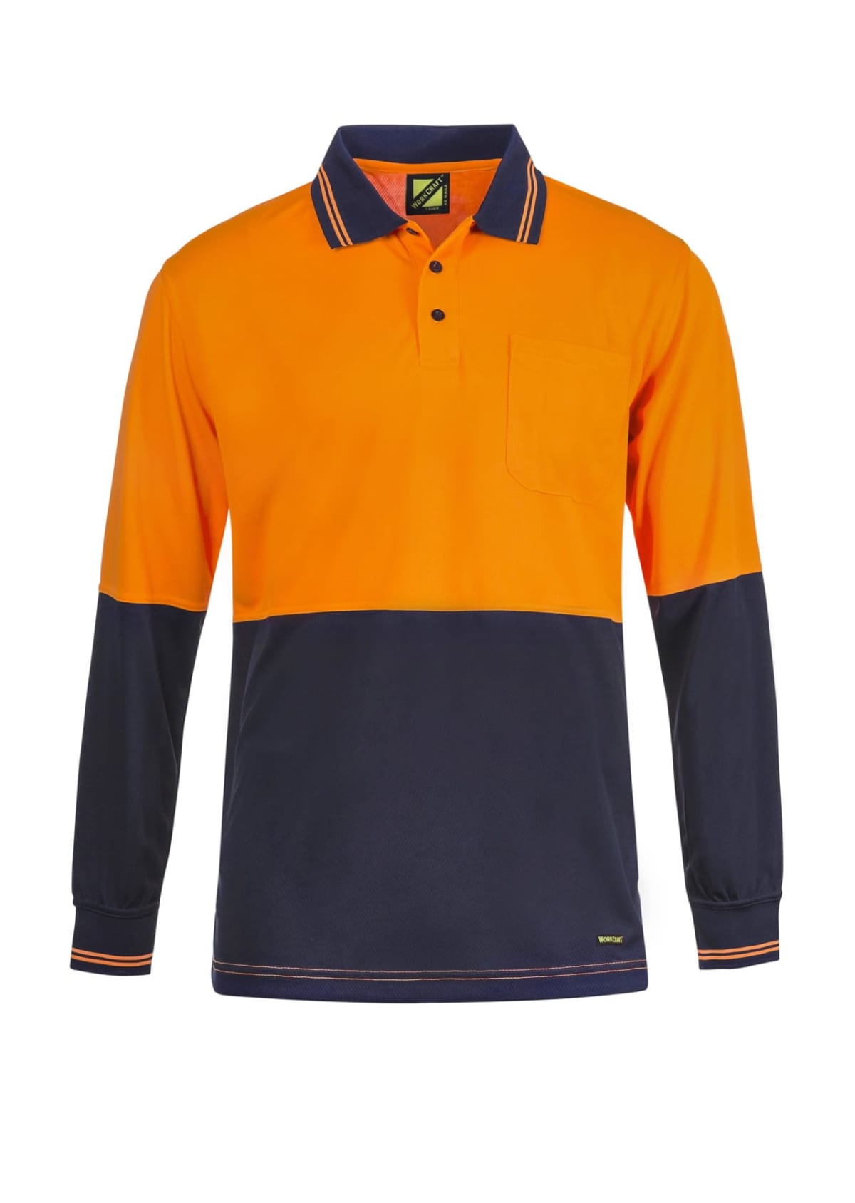 Orange and navy long-sleeve polo shirt with a front pocket.