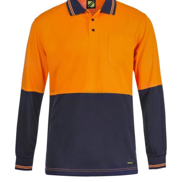 Orange and navy long-sleeve polo shirt with a front pocket and collar.