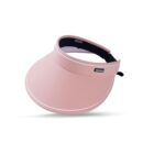 Pink sun visor with a black inner band and small label, against a white background.