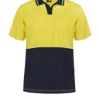 Yellow and black polo shirt with short sleeves on a white background.