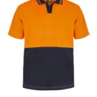 Orange and navy blue polo shirt with a collar, on a white background.
