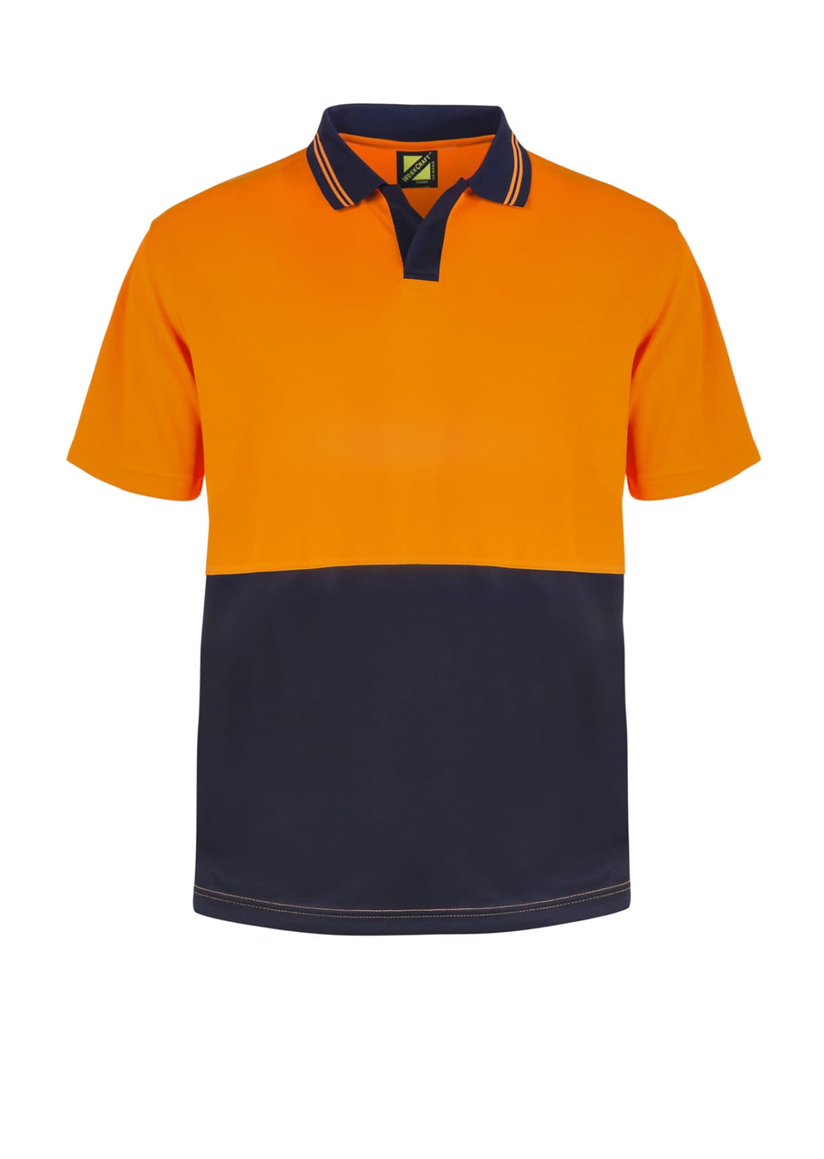 Orange and navy blue polo shirt with a collar, on a white background.
