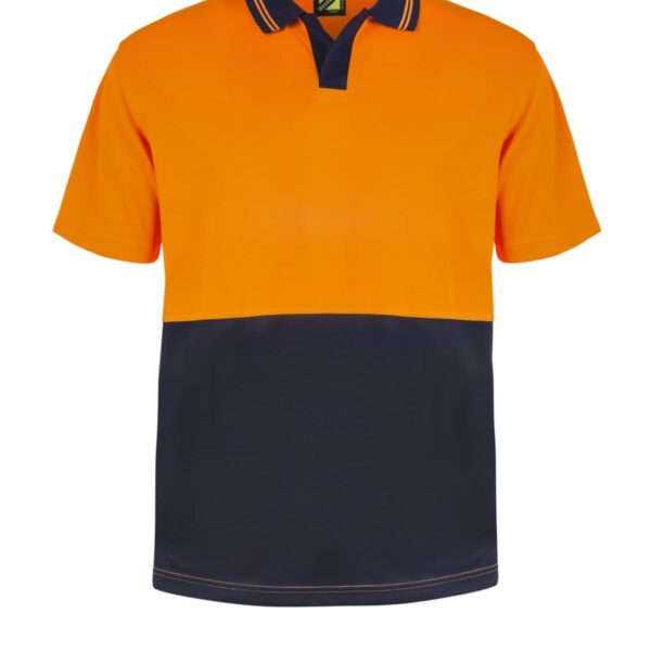 Orange and navy color-block polo shirt with a collar, on a white background.