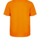 Back view of an orange polo shirt with a dark collar on a white background.
