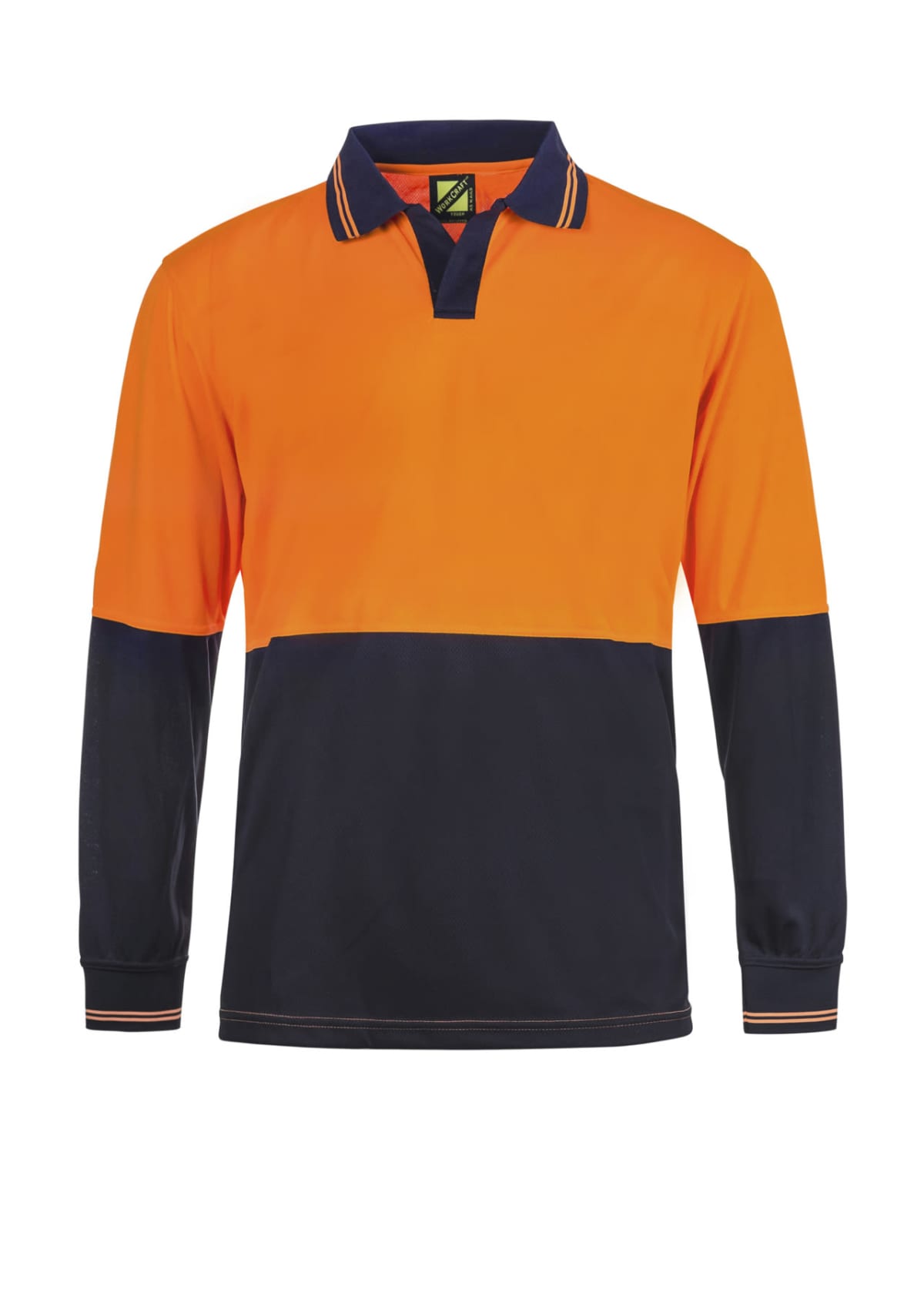 Orange and navy long-sleeve polo shirt with striped collar details.