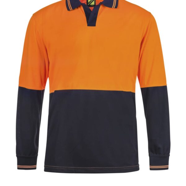 Orange and navy long-sleeve polo shirt with contrasting collar and sleeves.