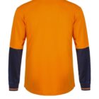 Orange long-sleeve shirt with dark blue sleeves on display, back view.