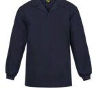 A navy blue long-sleeve collared shirt on a white background.