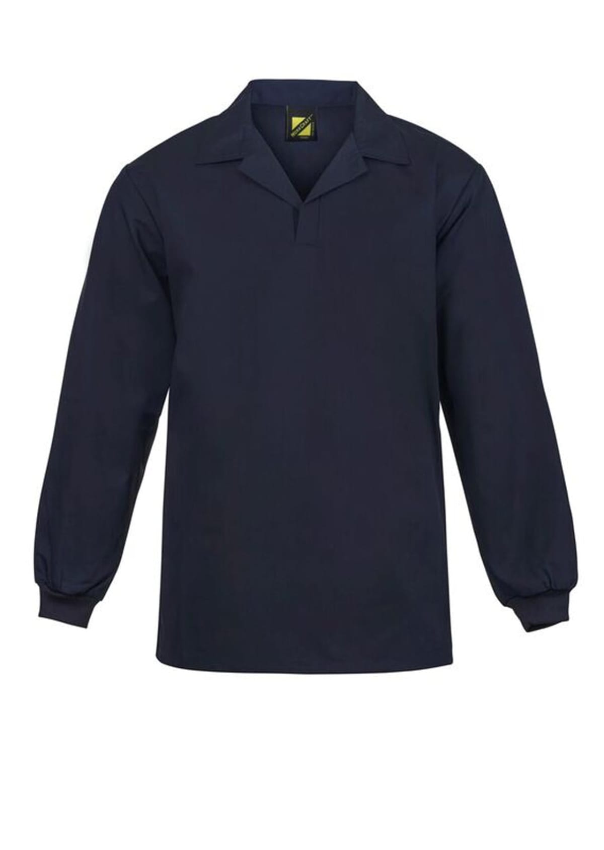 A navy blue long-sleeve collared shirt on a white background.