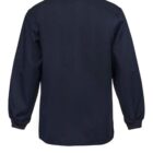 Back view of a long-sleeve, navy blue jacket on a white background.