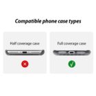 Illustration showing compatible phone case types. Left: Half coverage case with a red X. Right: Full coverage case with a green check mark. Both show the bottom edge of a phone with different case styles.