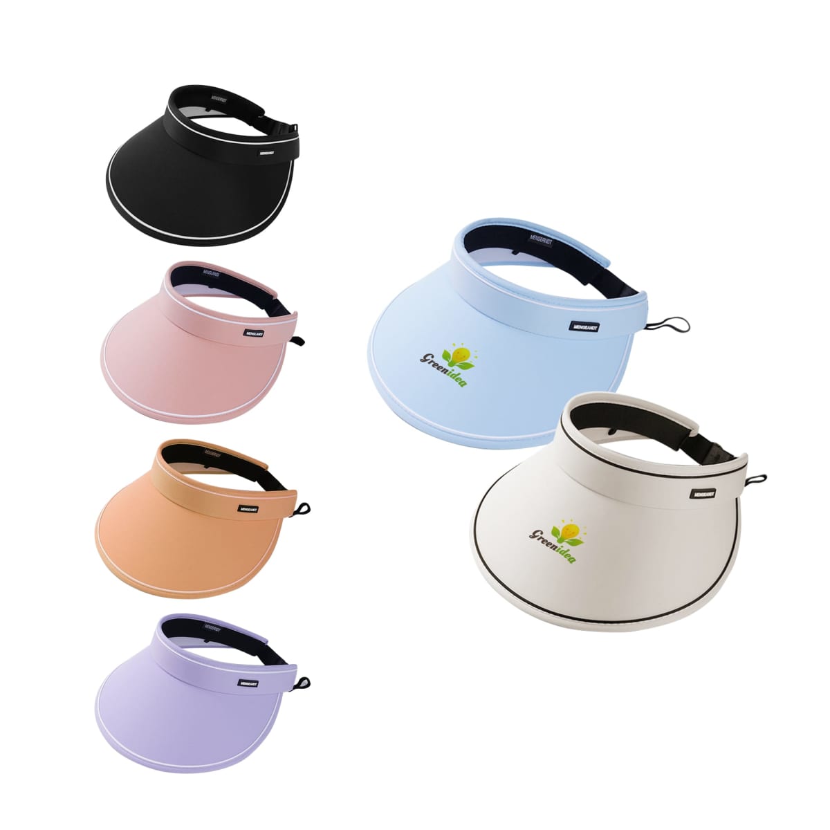 Five visors in black, pink, orange, blue, and white with logos, arranged in an overlapping layout.