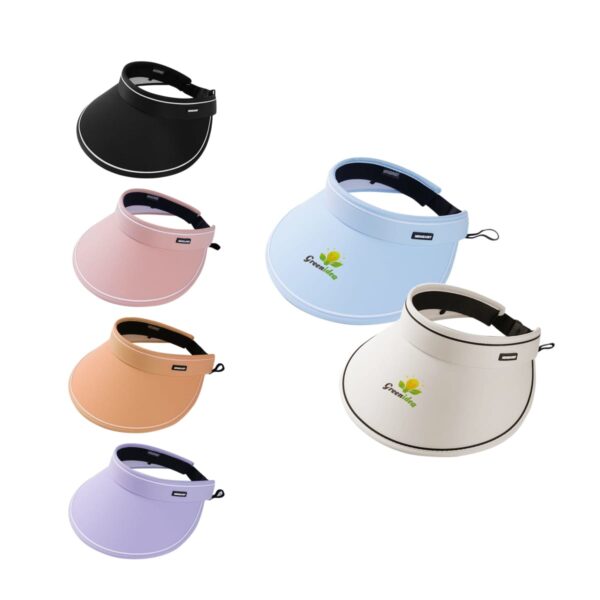 Five sun visors in black, pink, brown, blue, and beige with logo.