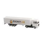 Toy truck with ROCKET LAB logo on white trailer.