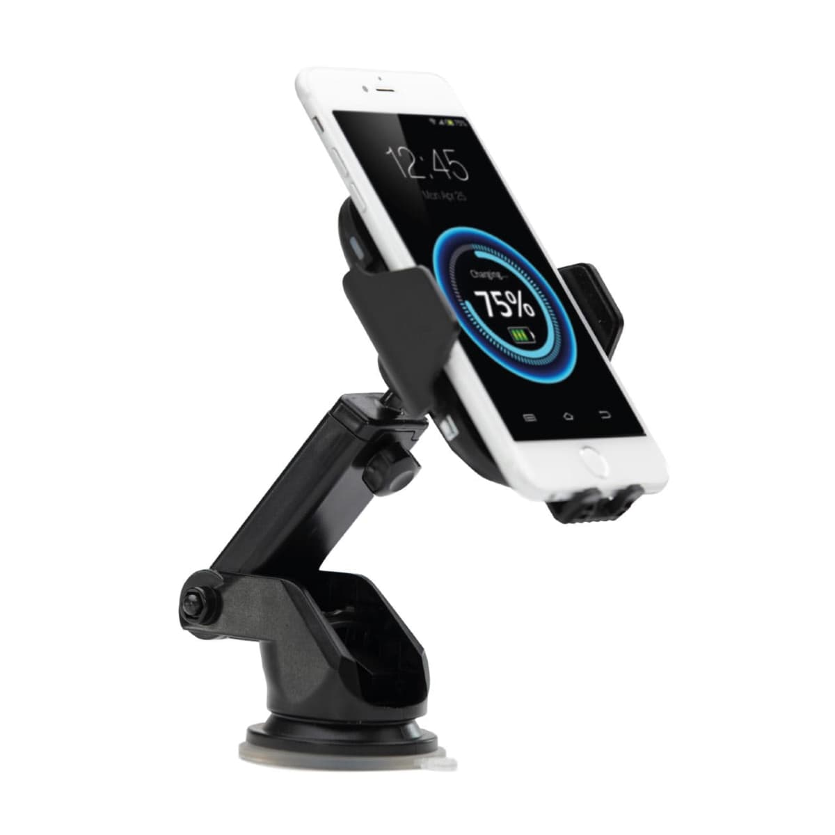 Smartphone in a black mount showing charging status on a white background.