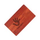 Wooden textured card with handprint design and lorem ipsum text.
