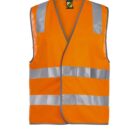 Orange reflective safety vest with gray horizontal and vertical stripes.