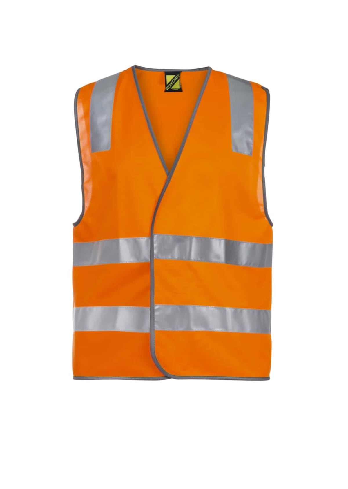 Orange reflective safety vest with gray horizontal and vertical stripes.