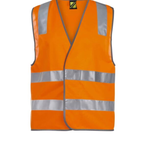 Bright orange reflective safety vest with gray reflective stripes.
