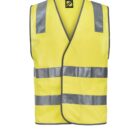 Yellow safety vest with reflective silver stripes on a white background.