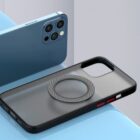 Blue smartphone and black phone case with a circular grip, on a blue surface.