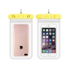Two waterproof phone pouches, front and back views, with yellow closures.