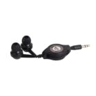 Retractable black earphones with a 3.5mm jack plug.