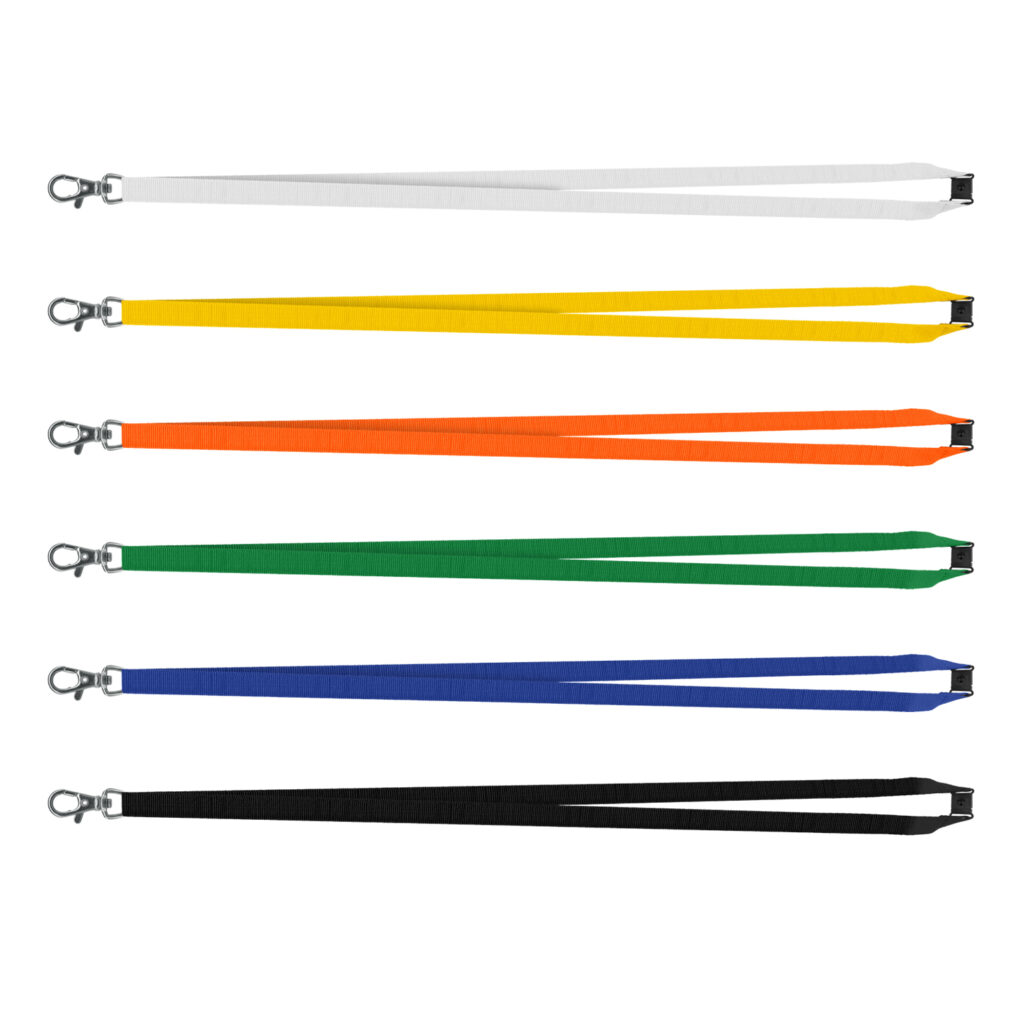 Top lanyards of 2025: Six in white, yellow, orange, green, blue, and black with metal clips.