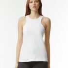 Person with long hair wearing a white tank top and black pants on a plain background.