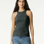 Person wearing a dark sleeveless top and jeans, standing against a plain background.