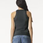 Woman in dark tank top and jeans, facing away with long dark hair.