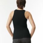 Person with short hair in a black tank top and jeans, facing away against a white background.