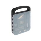 Translucent tool case with black handle, showing various tools inside.